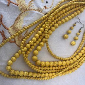 NWOT! Sunny Yellow Howlite Beaded Multi-strand Necklace & Earrings